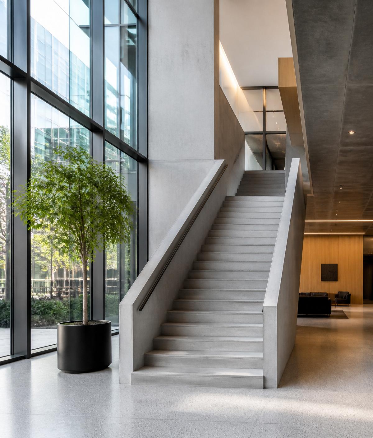 Escada de concreto em lobby corporativo com luz natural
